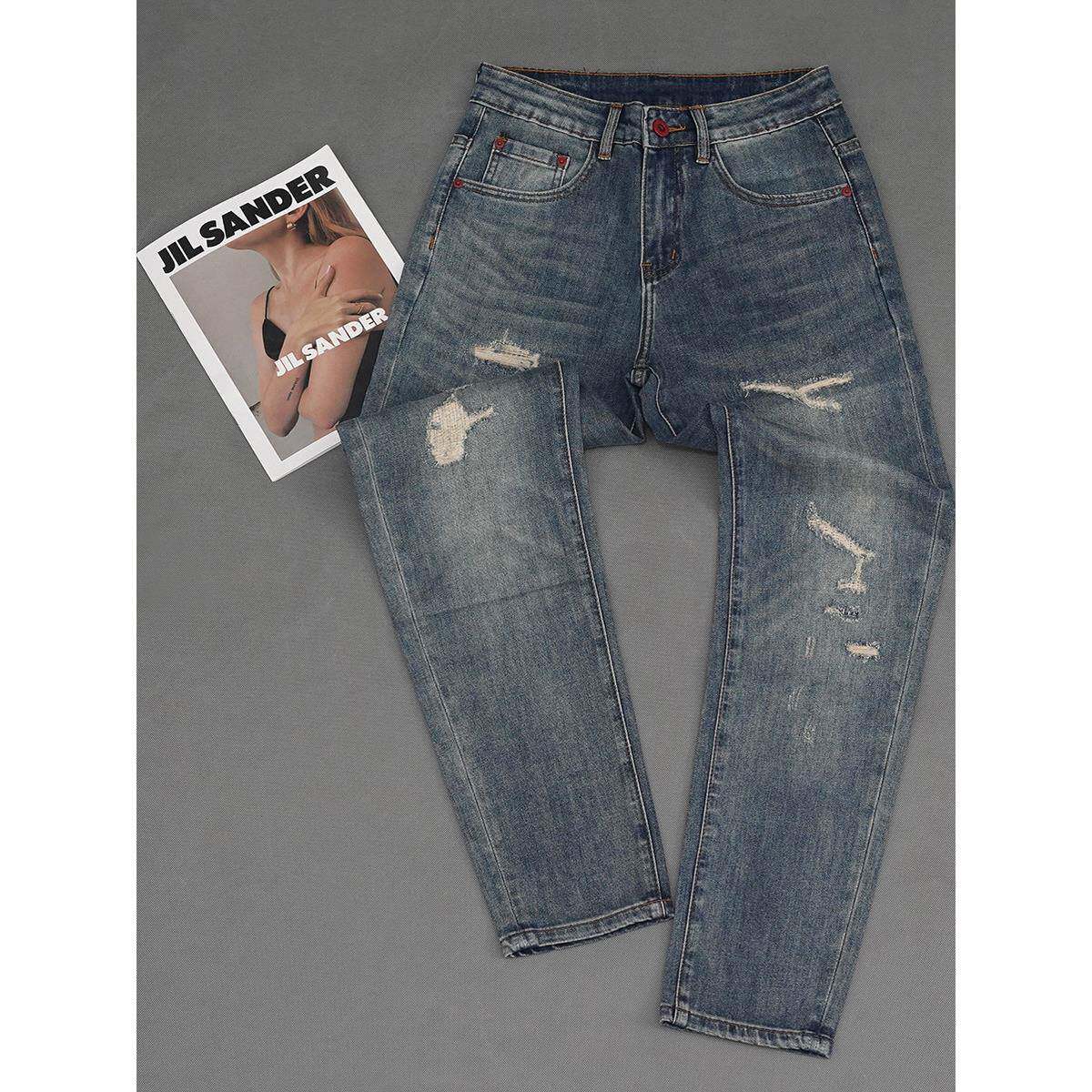 潮牌春秋季破洞小脚牛仔裤男修身补丁潮流痞帅新款覆古高端长裤子