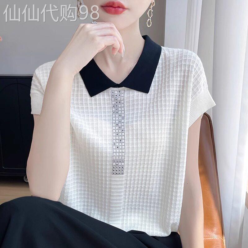 华夫格针织短袖t恤女夏季薄2026新款时尚烫钻气质娃娃领冰丝上衣