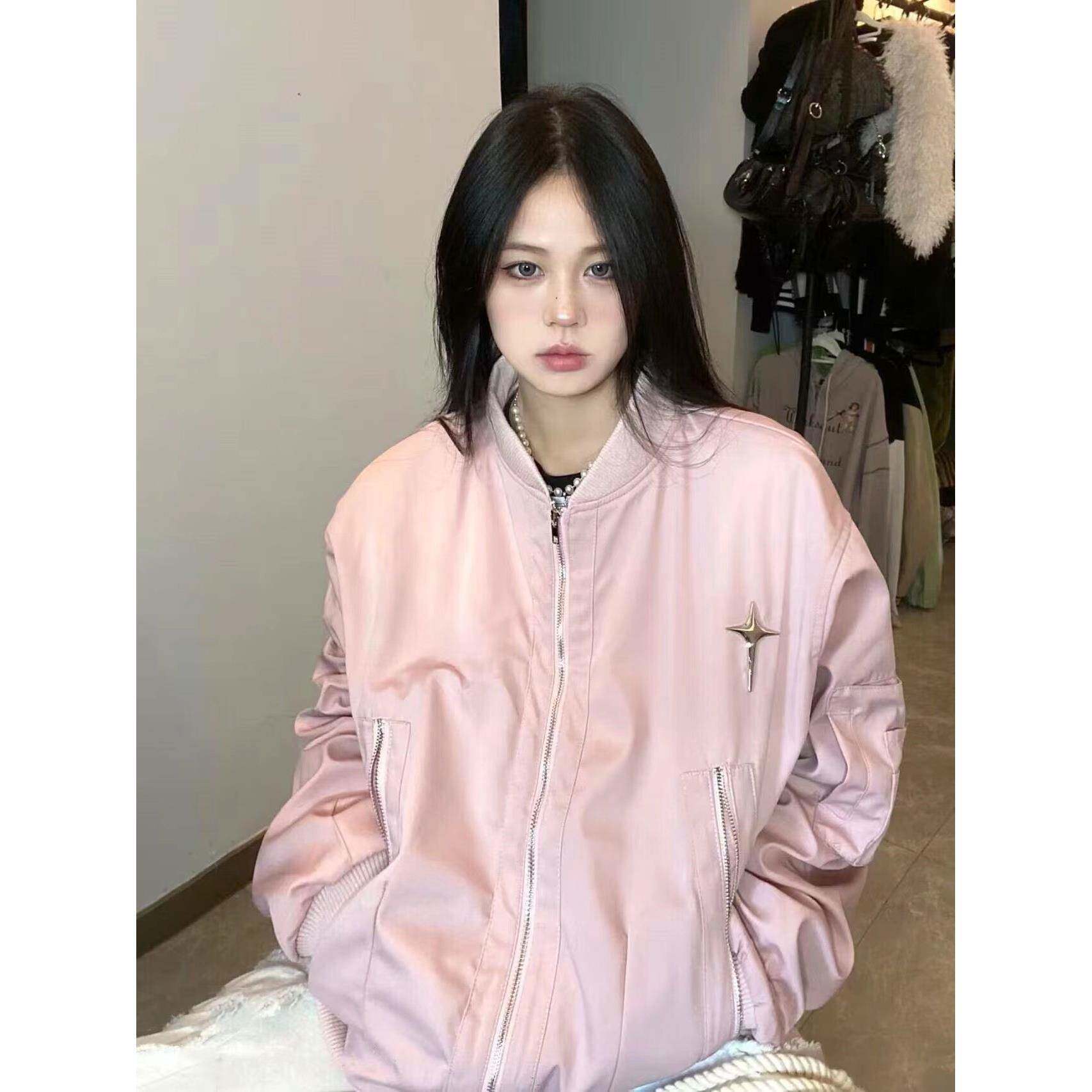 韩国覆古飞行员棒球服外套女春秋新款小众时尚高级感粉色夹克上衣