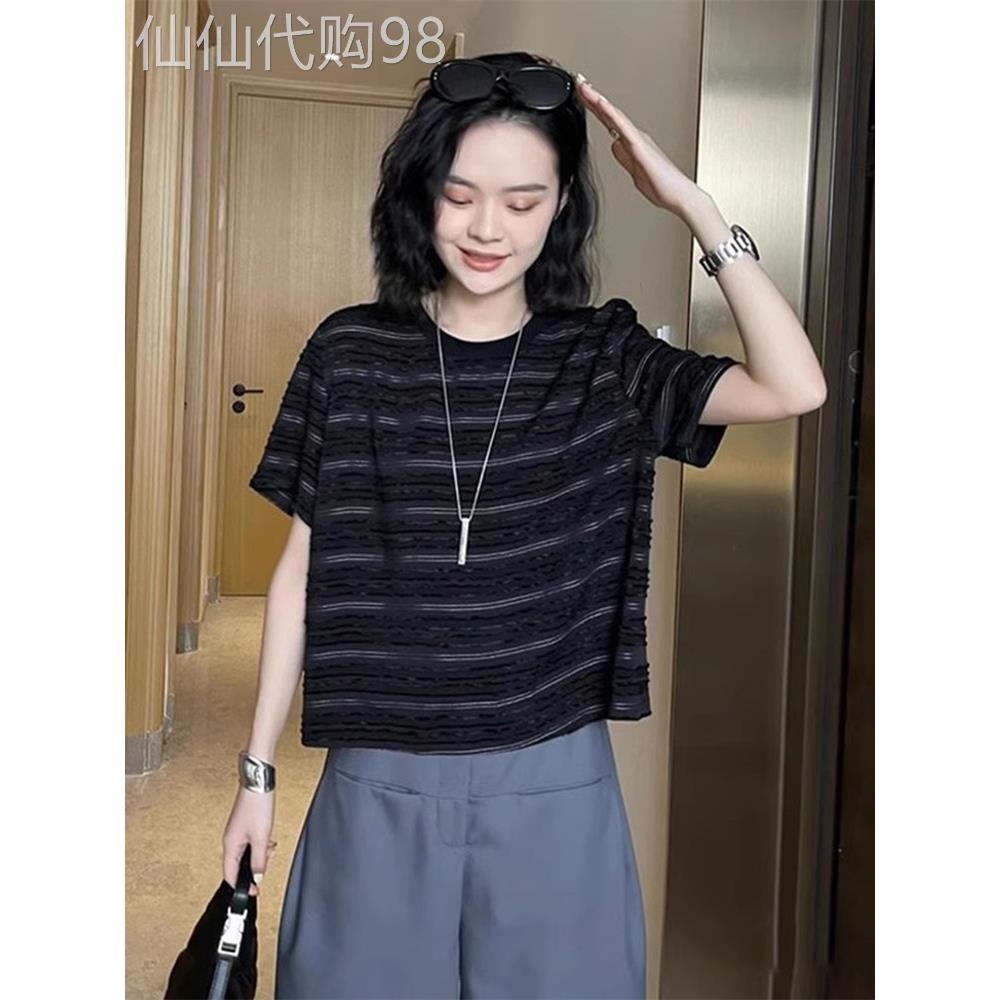 条纹短袖女式t恤2025夏季新时尚配色圆领右肩女式休闲半袖衬衫上