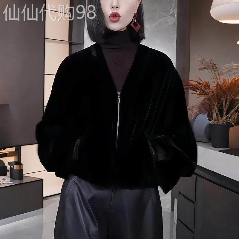 2025冬季穿搭新款时尚金丝绒长袖外套女轻奢百搭休闲显瘦黑色上衣