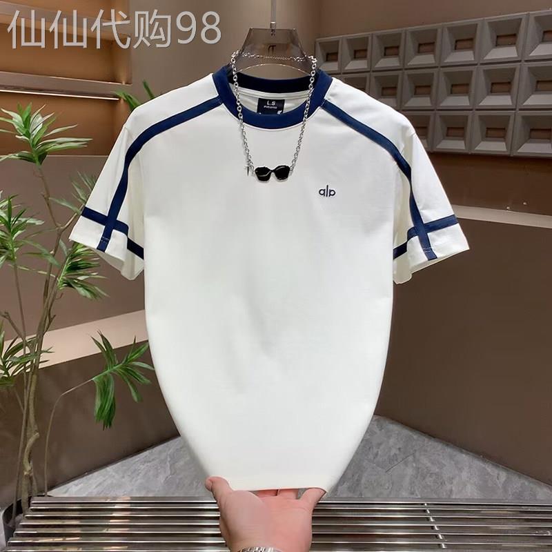 韩版帅气条纹拼接短袖男潮牌烫印圆领休闲半袖夏季薄款透气打底衫