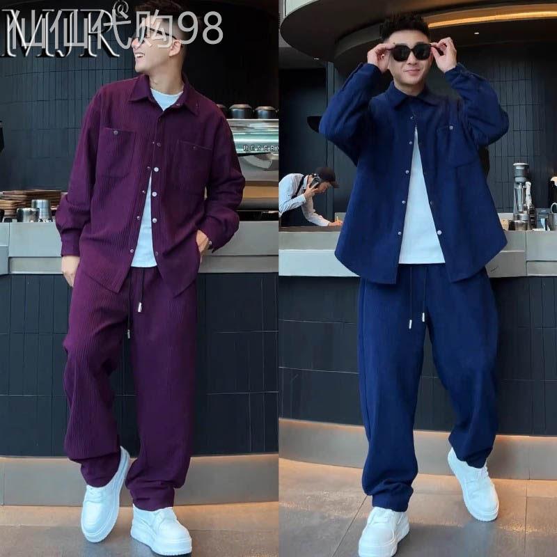 休闲运动套装男春季新款潮牌痞帅时尚翻领衬衫休闲裤男装搭配一套