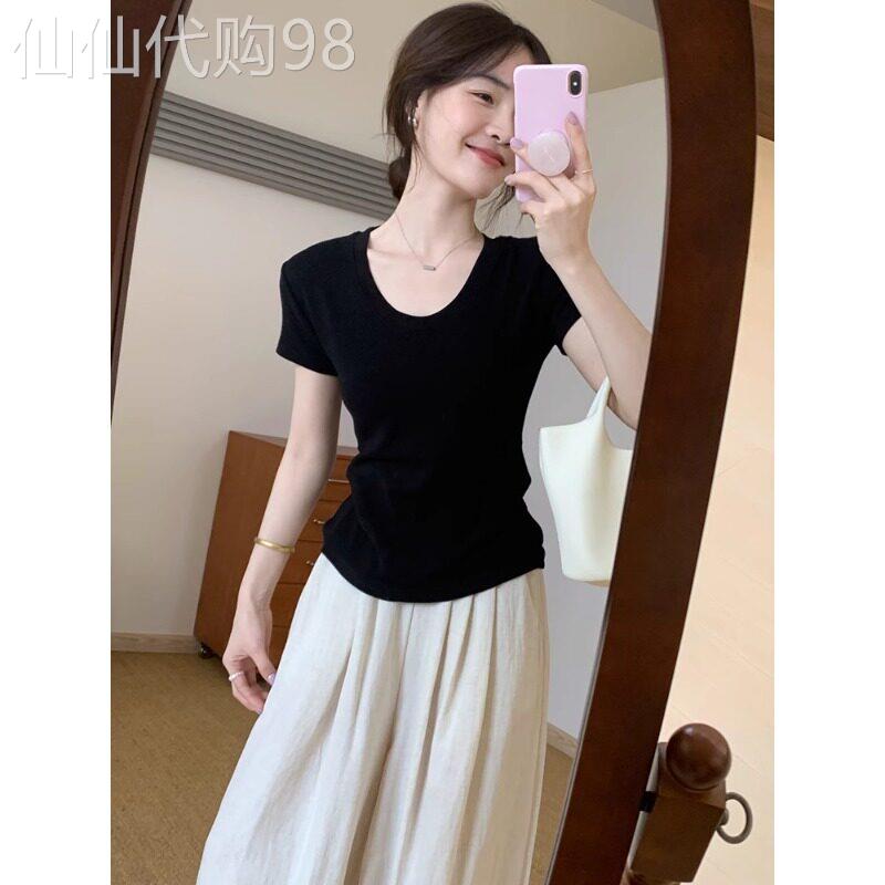 黑色U领正肩短袖T恤女2025夏季穿搭薄款修身显瘦百搭短款体恤上衣