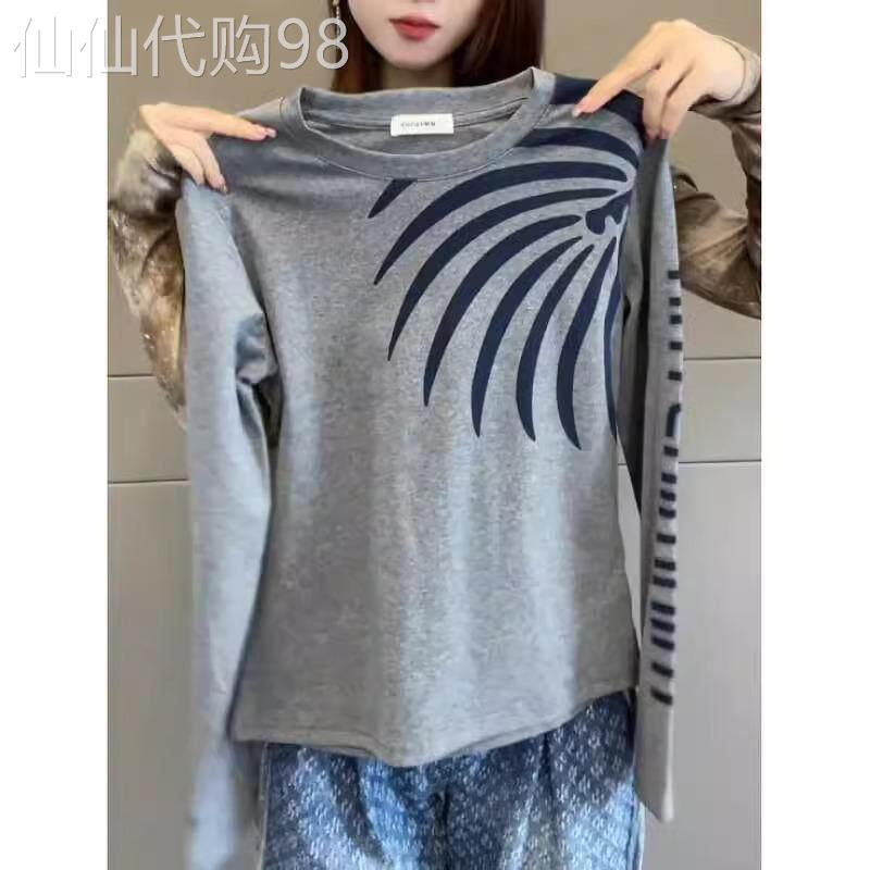 印花圆领长袖T恤女春秋薄款2025新款大码显瘦时尚不规则减龄上衣