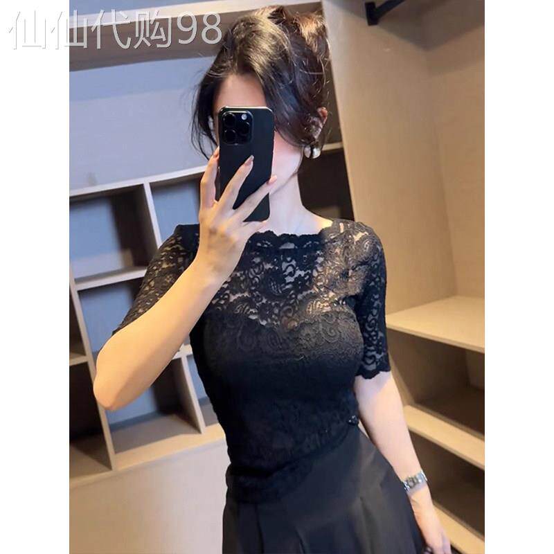 黑色短袖T恤女夏季薄款2026新款修身显瘦设计感蕾丝半袖T恤上衣
