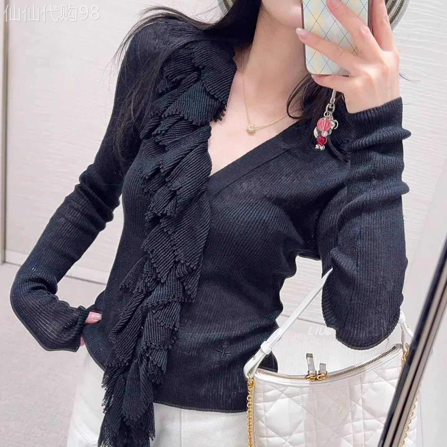 宋祖儿同款优雅淑女气质黑色长袖V领荷叶边流苏亚麻真丝针织开衫