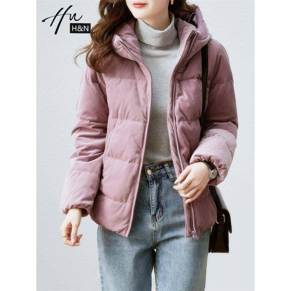 灯芯绒紫色羽绒服女冬季2025新款加厚短款小个子连帽白鹅绒面包服