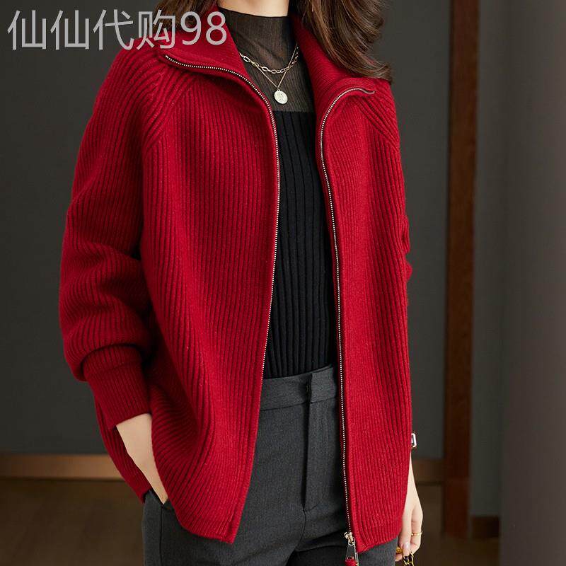 红色羊毛衫大码加厚针织衫女秋冬拉链毛衣开衫宽松200斤胖MM外套
