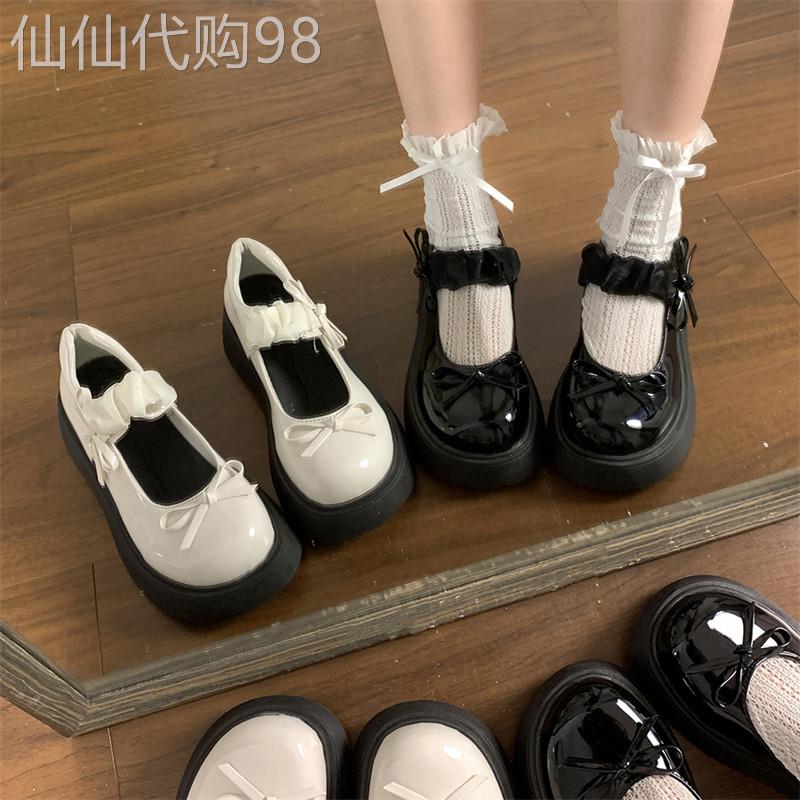 英伦风甜酷厚底小皮鞋女秋季新款日系jk蝴蝶结浅口圆头玛丽珍单鞋