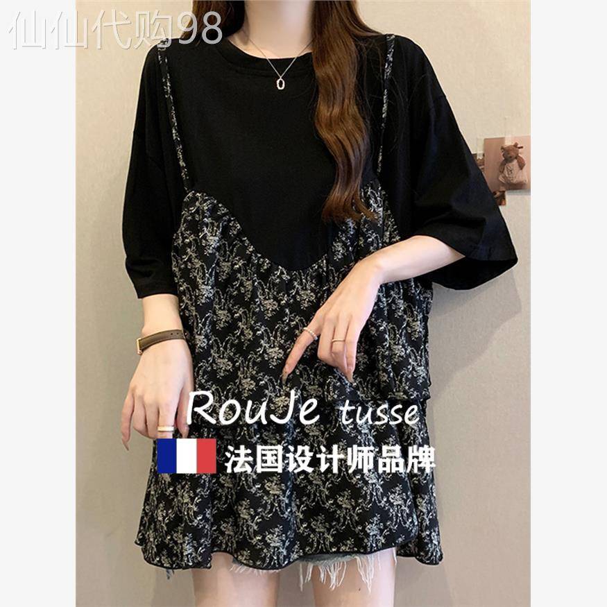 法国Rouje tusse假两件吊带碎花短袖t恤女胖mm宽松显瘦中长版上衣