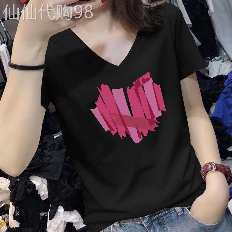 纯棉黑色短袖t恤女2026年夏款新款时尚别致修身显瘦v领体恤上衣潮