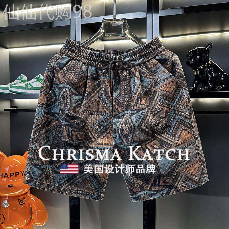 出口美国Chrisma Katch~小众盎司民族风印花宽松破洞牛仔短裤