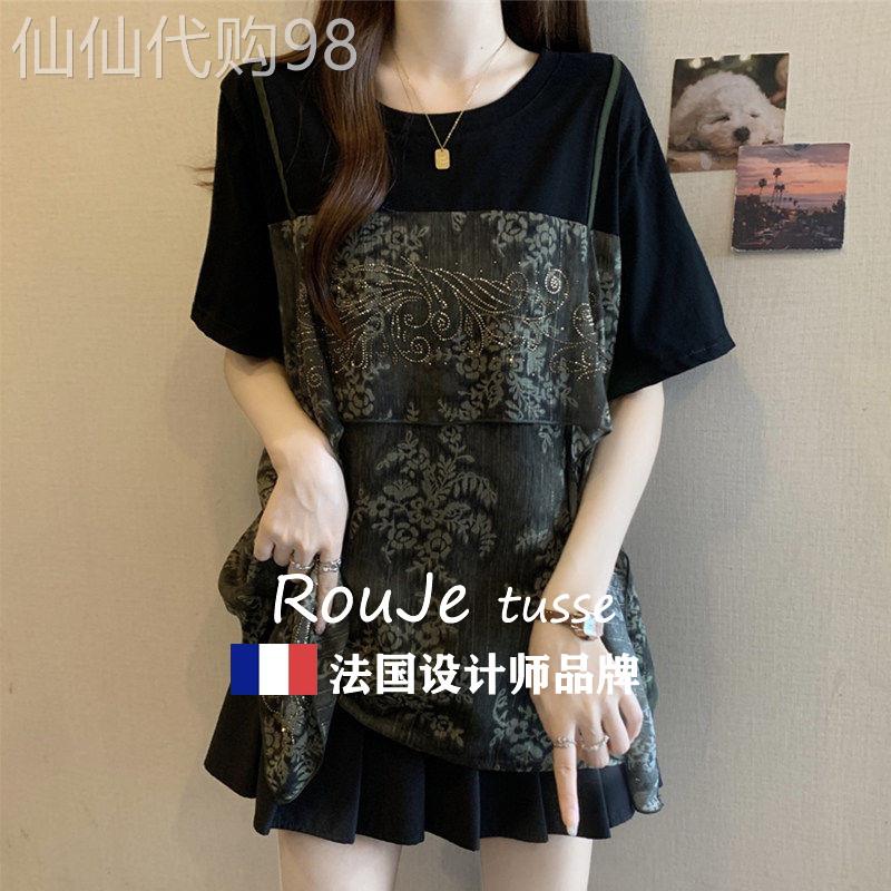 Rouje tusse大尺码遮肚子烫砖印花假两件短袖T恤女夏宽松显瘦上衣