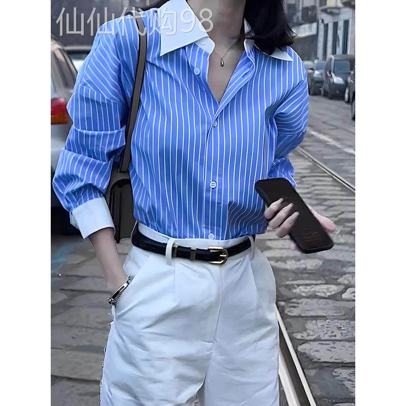 蓝色polo领条纹衬衫女2025春秋新款欧货宽松长袖衬衣撞色休闲上衣
