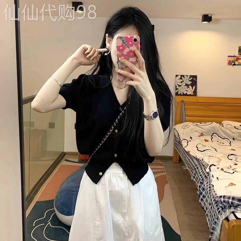 欧洲站小香风收腰冰丝针织短袖T恤女2026新款夏季法式V领百搭上衣
