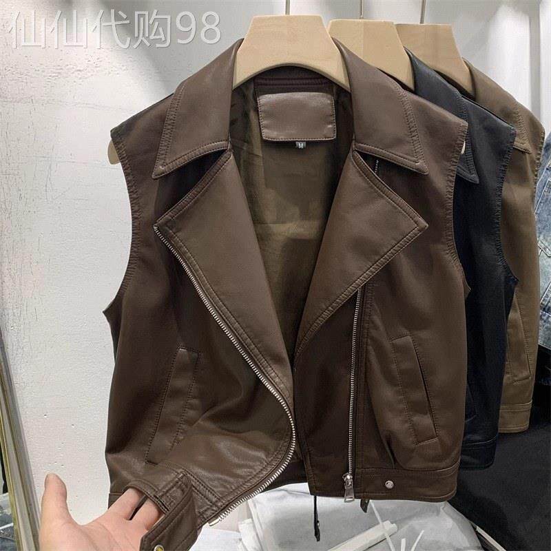 咖色pu皮大翻领短款皮衣马甲女春秋季欧货拉链坎肩无袖机车服马夹