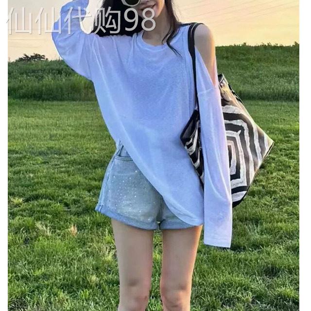 慵懒风纯色露肩长袖T恤女2026年夏季新款欧货宽松薄款圆领上衣潮
