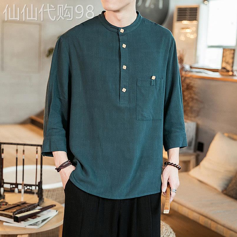 港风冰丝短袖衬衫男宽松大码七分袖亚麻衬衣国风唐装棉麻半袖t恤