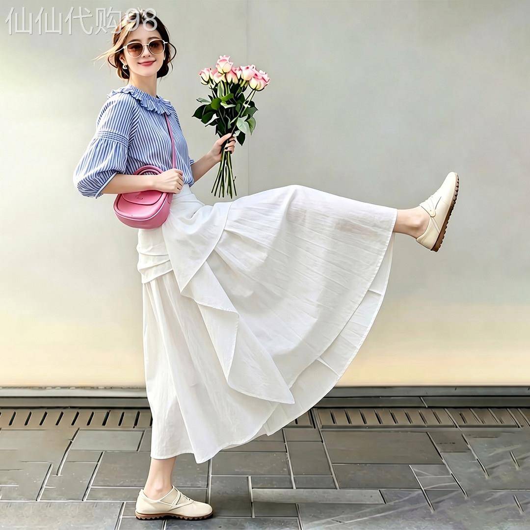 蓝色条纹上衣半身裙子两件套女2026夏季小个子高级感巨好看一整套