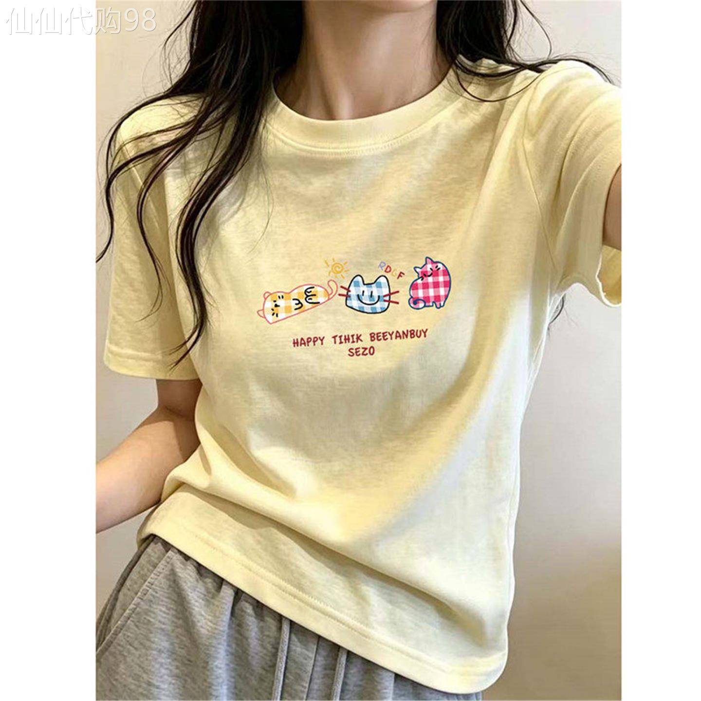奶黄色纯棉短袖T恤女夏季2026新款圆领正肩慵懒松弛风体恤衫上衣