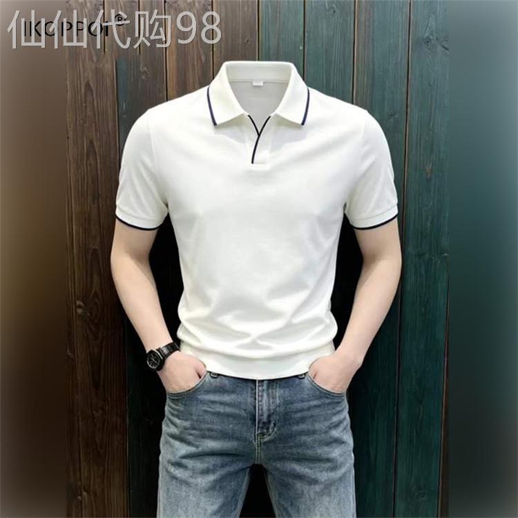 高端时尚洋气撞色polo衫男夏季新款设计感海鸥领t恤修身百搭短袖