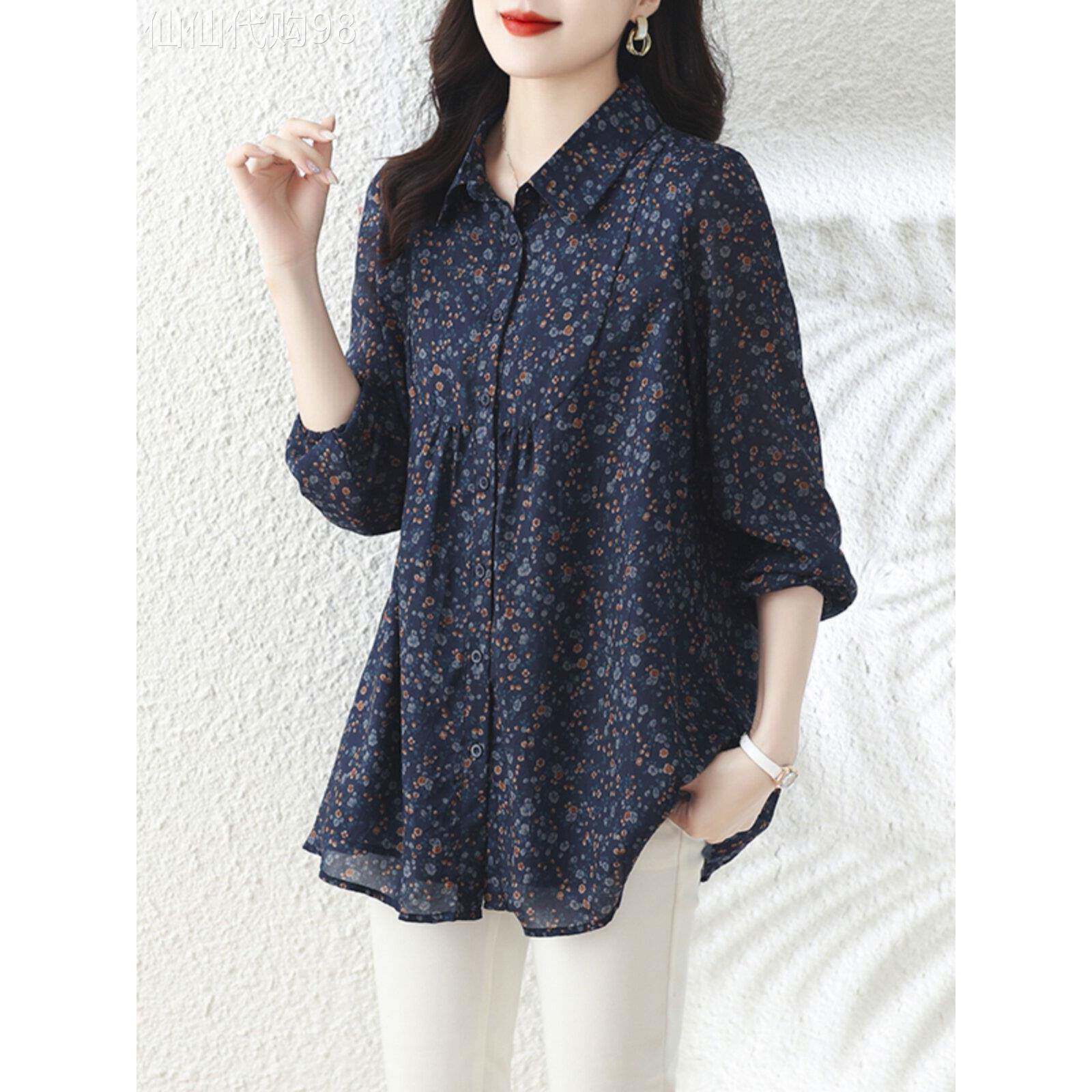 中老年妈妈碎花长袖衬衫女春秋大码胖mm中长款宽松遮肚子显瘦上衣