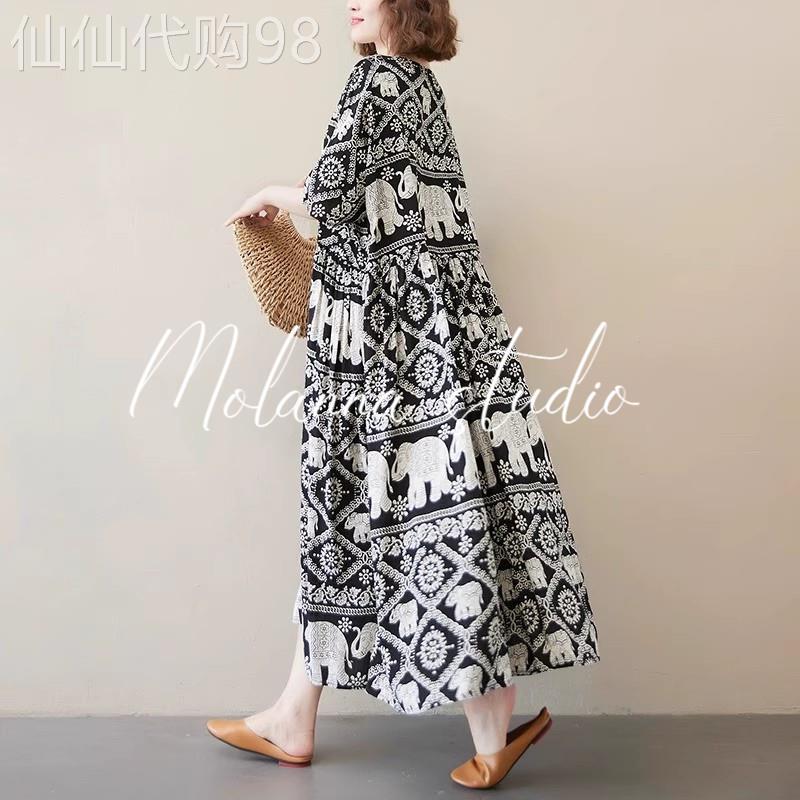 Molanna冰丝短袖洋装女夏季新款大尺码绵绸印花女士打底中长裙子
