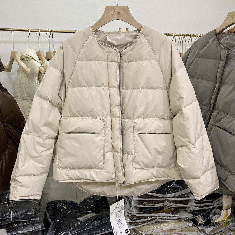 欧洲站冬季新款圆领白鸭绒羽绒服女韩版宽松短款小个子面包服外套