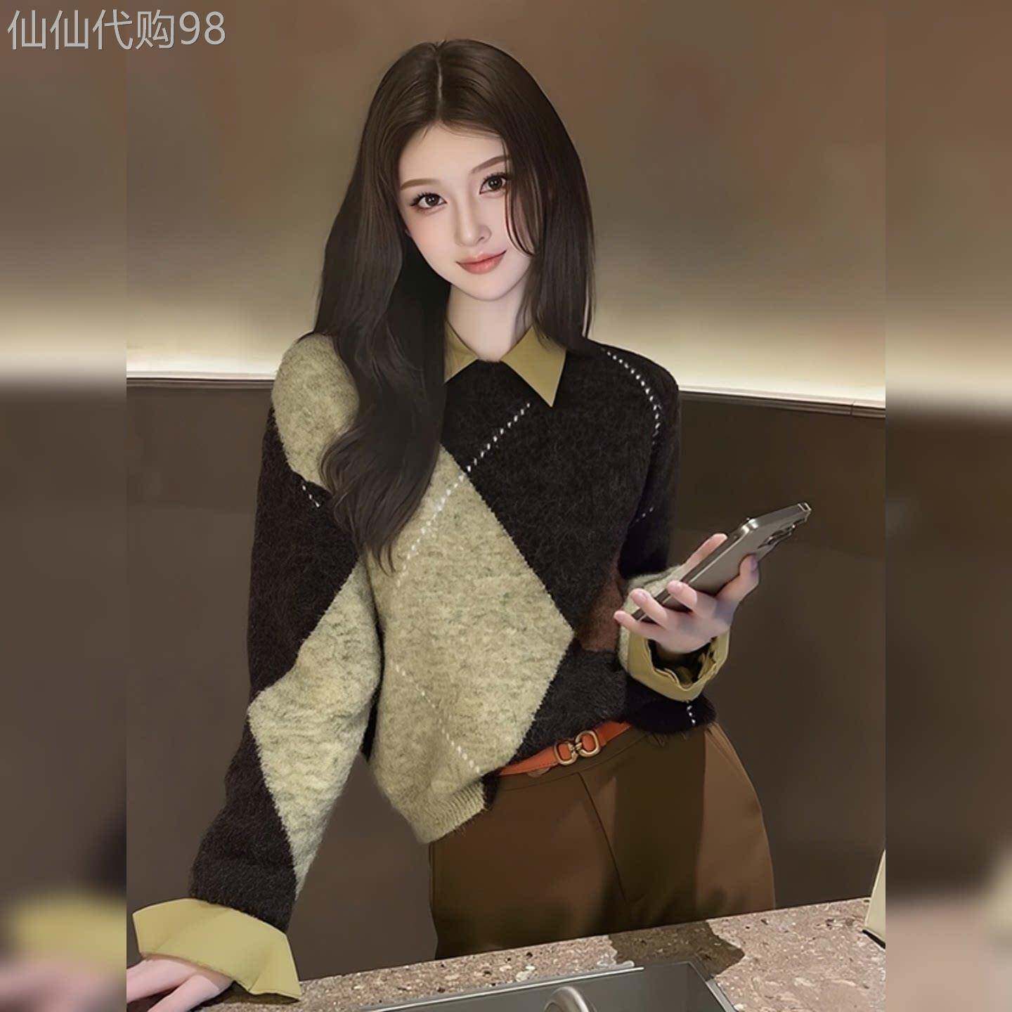 高级感撞色菱格毛衣女2025秋冬新款慵懒风宽松显瘦气质内搭针织衫