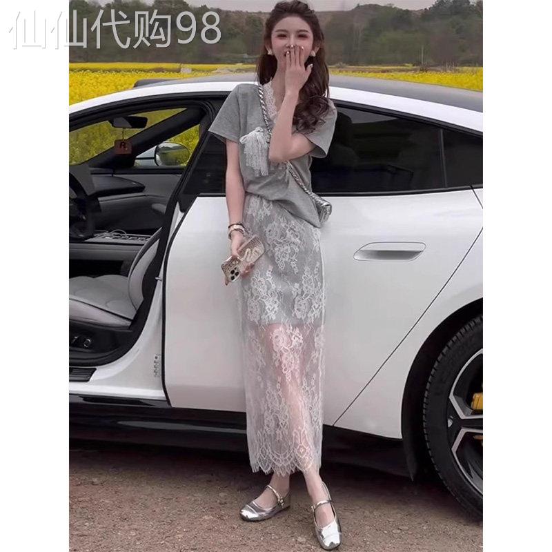 套装裙女夏季欧货灰色V领短袖T恤蕾丝拼接半身裙小个子时尚两件套