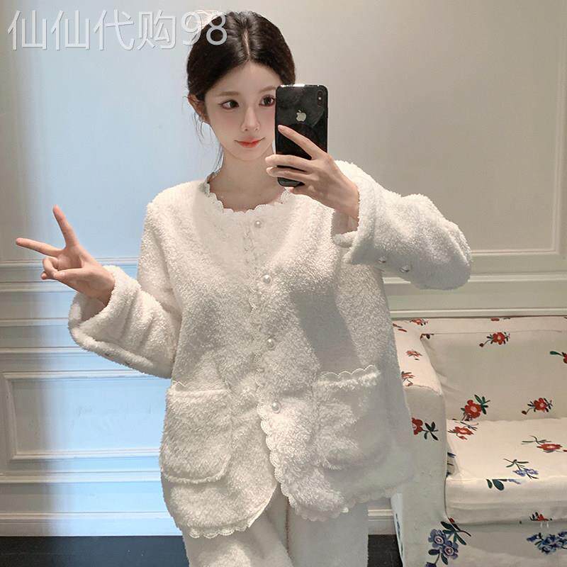 睡衣秋冬款女珊瑚绒加绒加厚发热衣裤白色甜美风蕾丝可外穿家居服