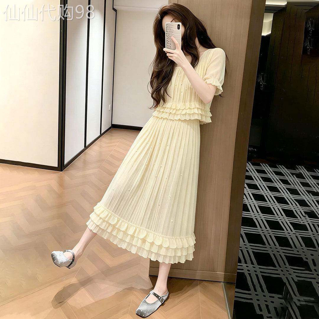 黄色花边上衣A字半身裙两件套女2026夏季新款超好看显瘦气质套装