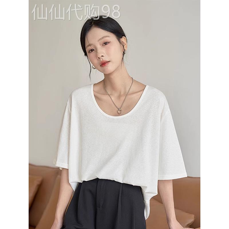 白色大领口短袖女式t恤2025夏季新款宽松慵懒风格雪花棉u领t恤半