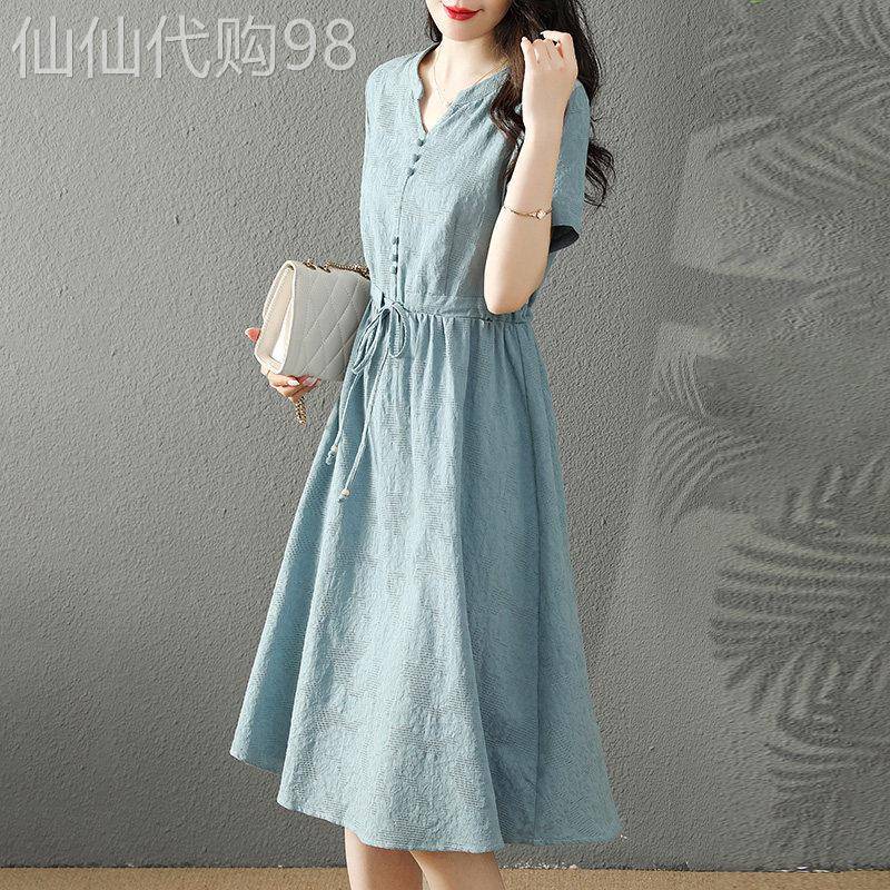棉麻连衣裙女2025夏季新款韩版气质爆款收腰显瘦短袖a字中长裙子