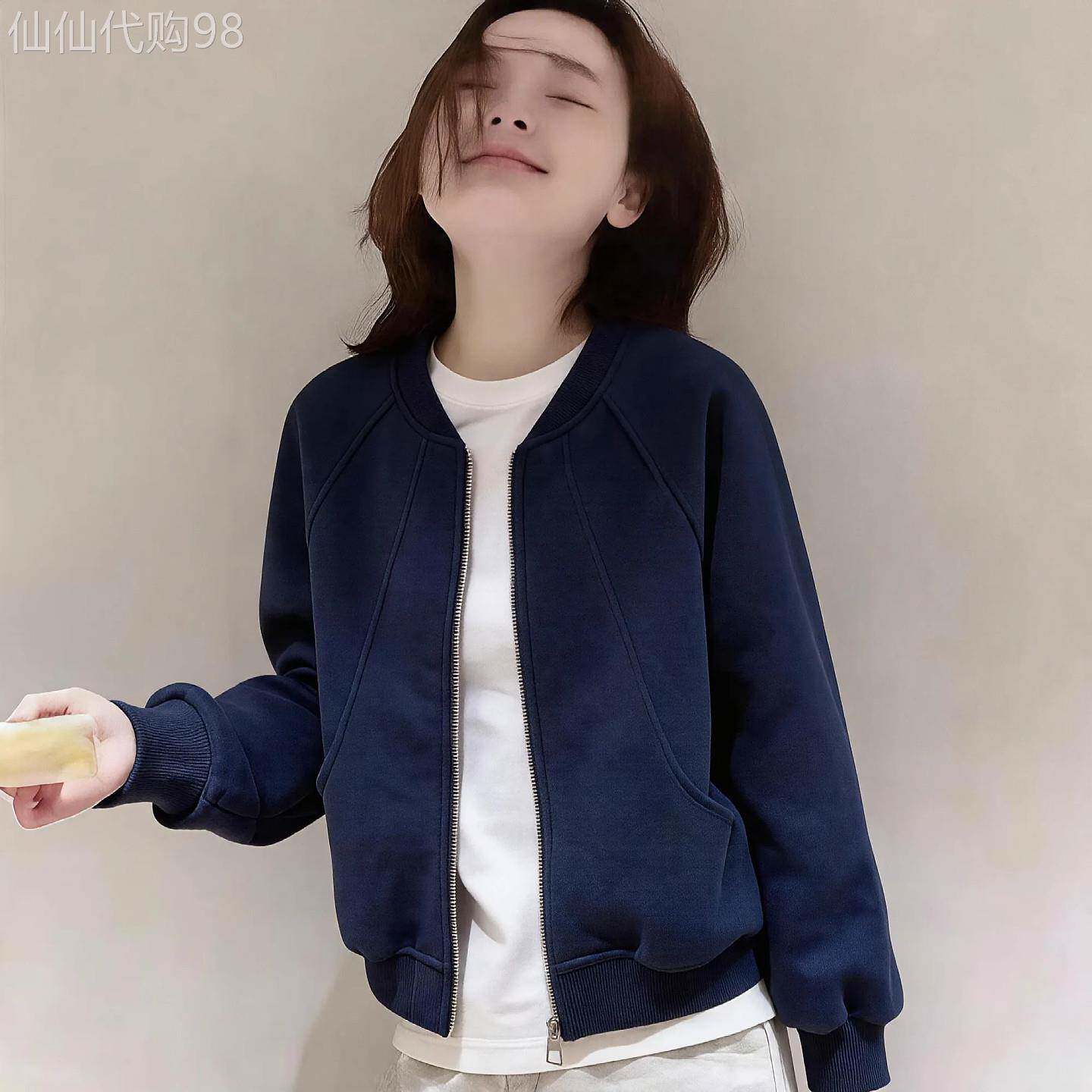 韩版设计感线条圆领卫衣开衫女春秋新款简约百搭短款棒球服外套潮