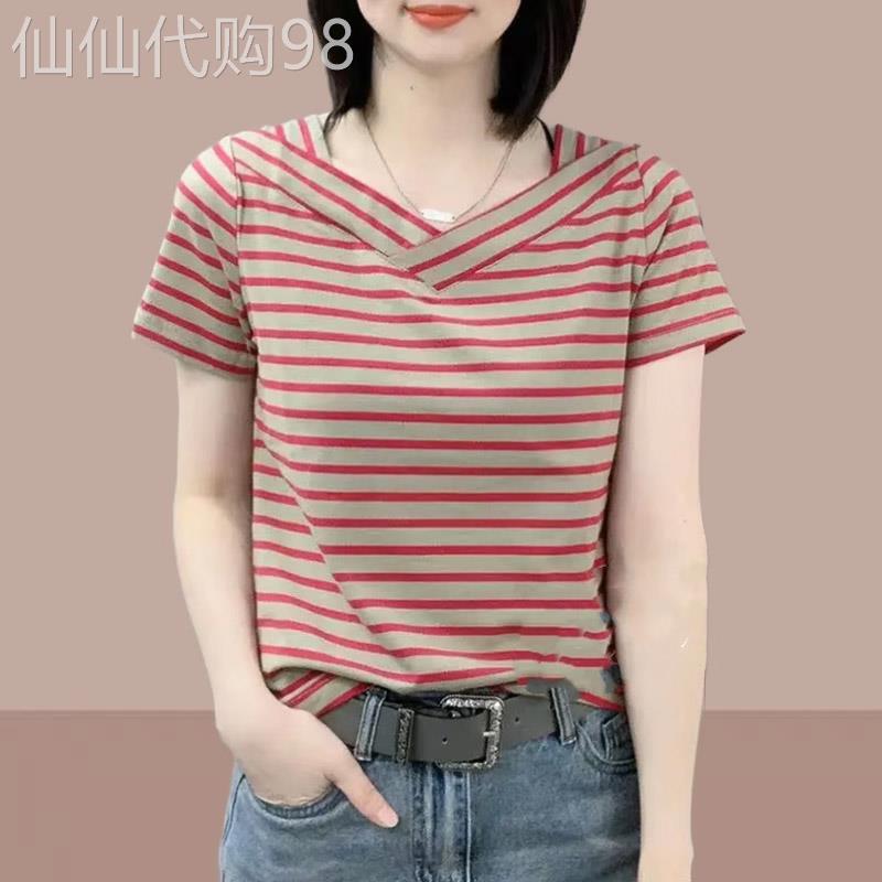 短袖t恤女士夏2026新款休闲条纹V领百搭纯棉显瘦宽松小众短款上衣