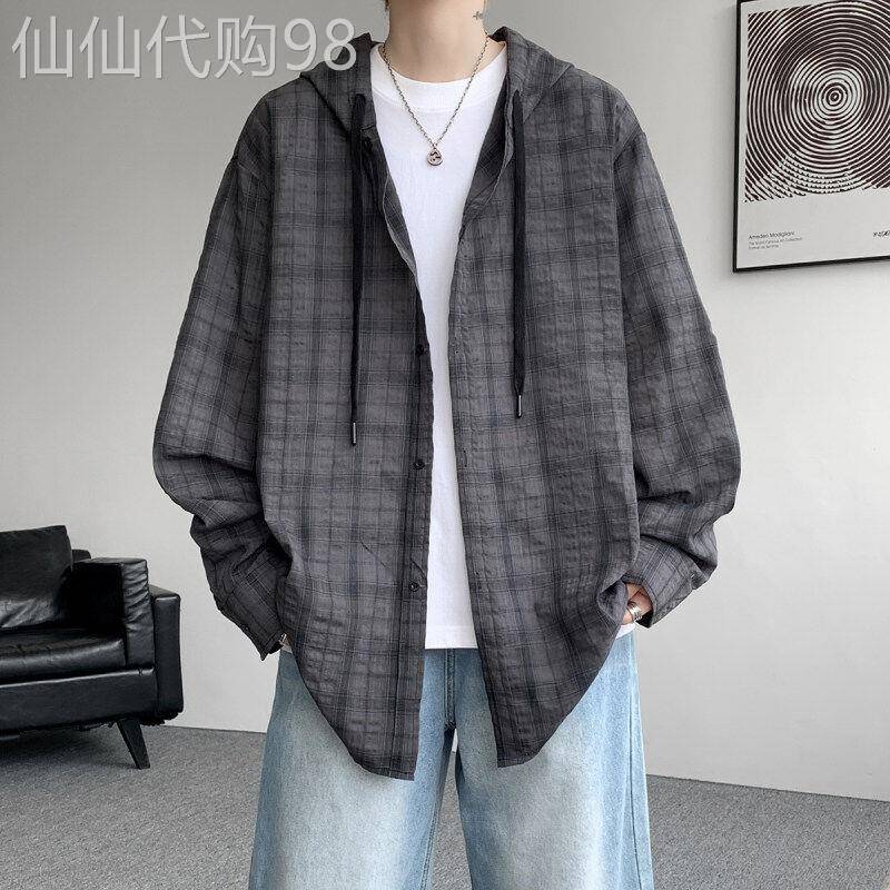潮牌港风ins连帽防晒衬衫男开衫外搭夏季轻薄外套宽松慵懒风上衣