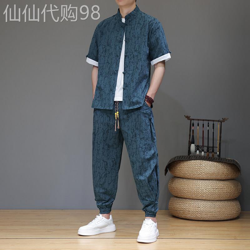 高端中式男士夏季棉麻短袖套装宽松薄款立领束脚休闲运动两件套