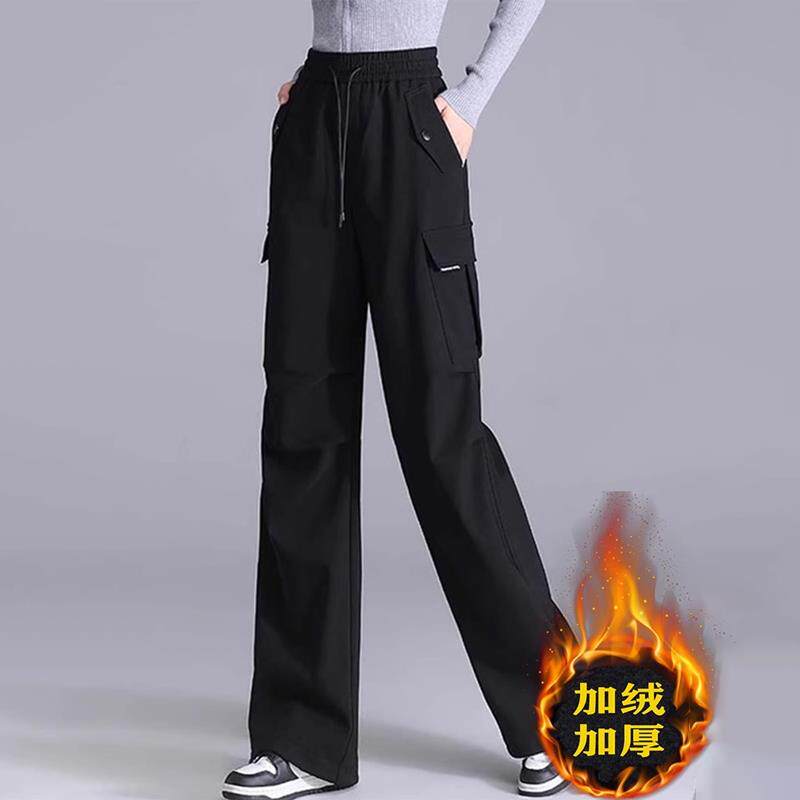 潮牌加绒加厚工装裤女2025秋冬季欧货裤子直筒休闲运动冲锋防风裤