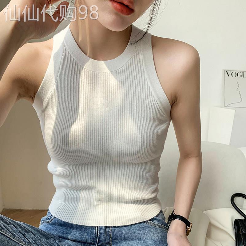 白色挂脖吊带背心女春夏内搭外穿修身显瘦遮副乳无袖针织打底上衣
