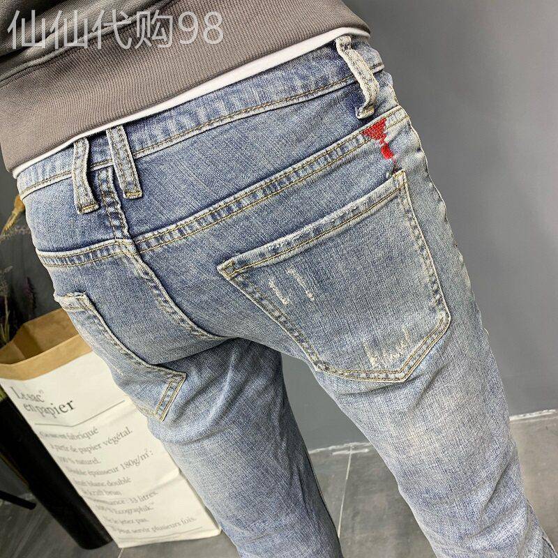 春夏浅色牛仔裤男美式刺绣修身小脚休闲弹力精品九分帅气裤子潮jz