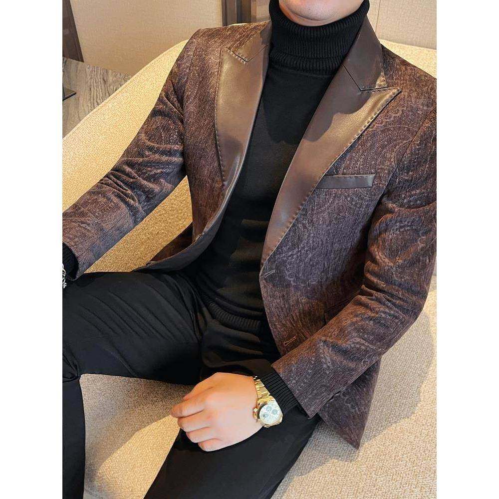 潮牌拼皮暗花纹西装男秋冬高级感痞帅修身商务休闲西服英伦花外套