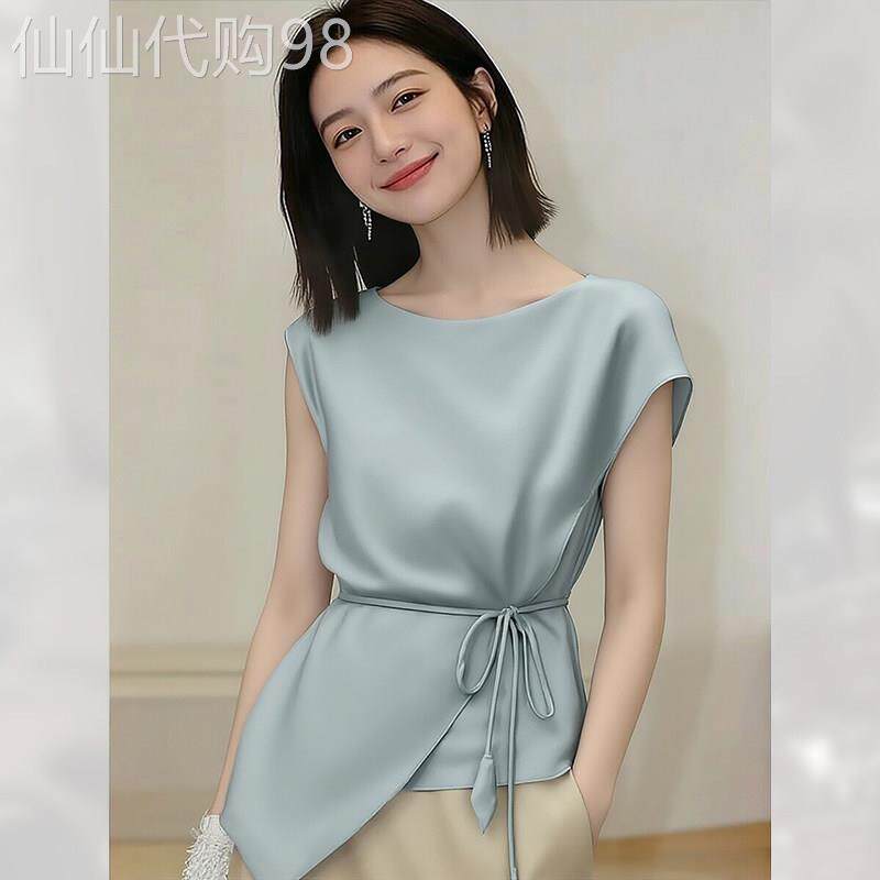 轻奢时尚缎面收腰上衣女夏季2026年新款漂亮显瘦圆领无袖衬衫绝美