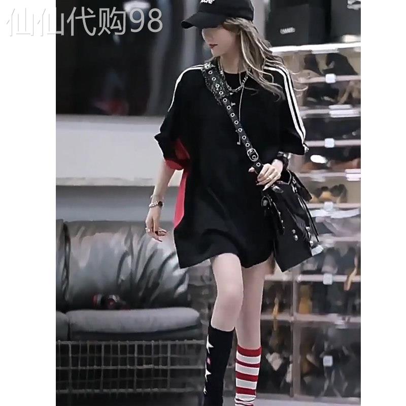 潮牌欧货大版黑色短袖T恤女新款爆款夏季宽松中长款下衣失踪半袖