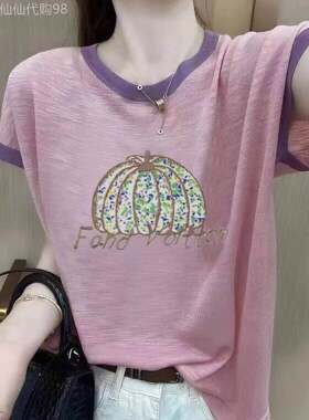 纯棉质短袖女t恤夏季2025年新的大尺寸宽松印花减少年龄优雅修身