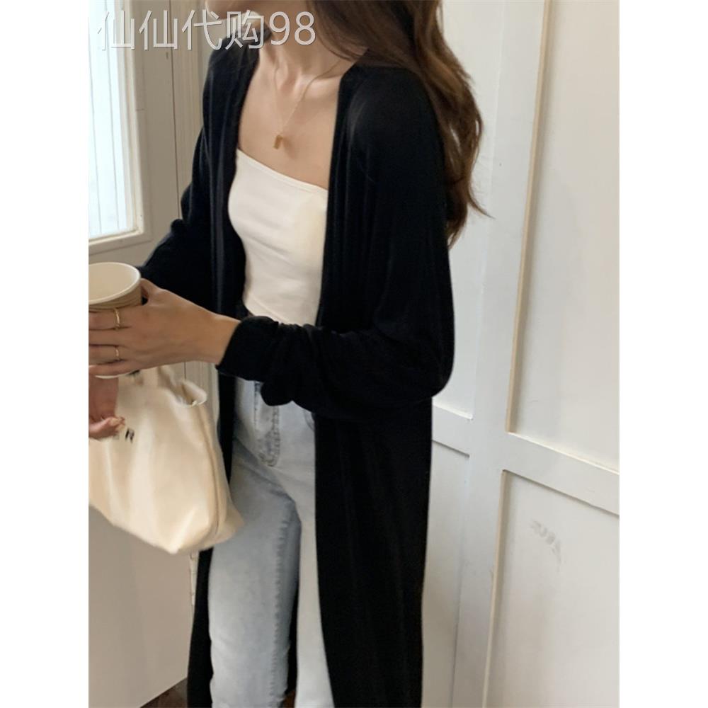 潮牌空调衫冰丝长款针织开衫防晒衫黑色外套女夏季超薄款外搭外披