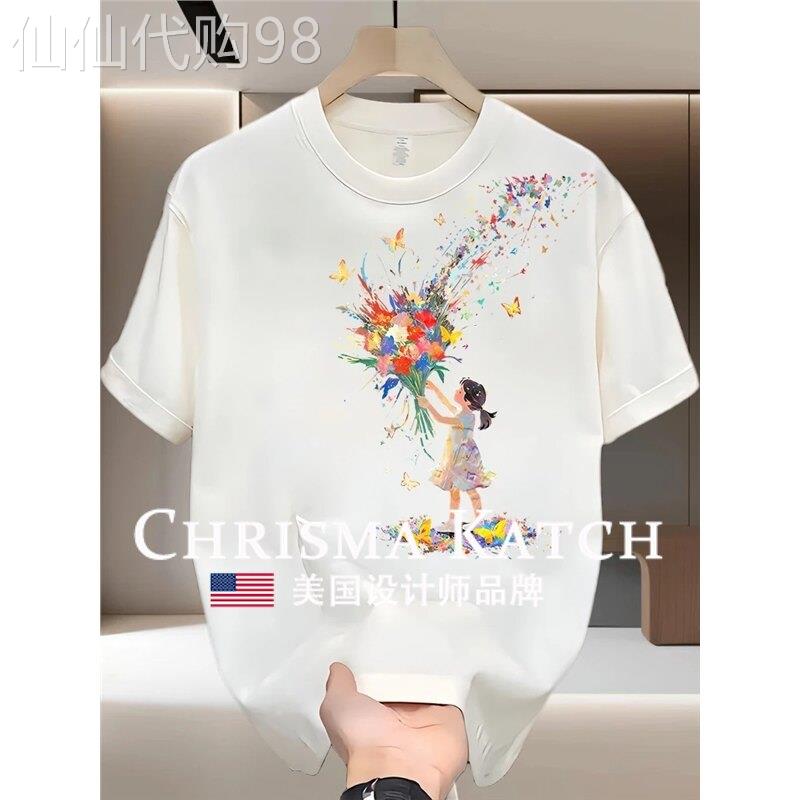 出口美国?Chrisma Katch~白色纯棉短袖美式印花宽松五分袖上衣