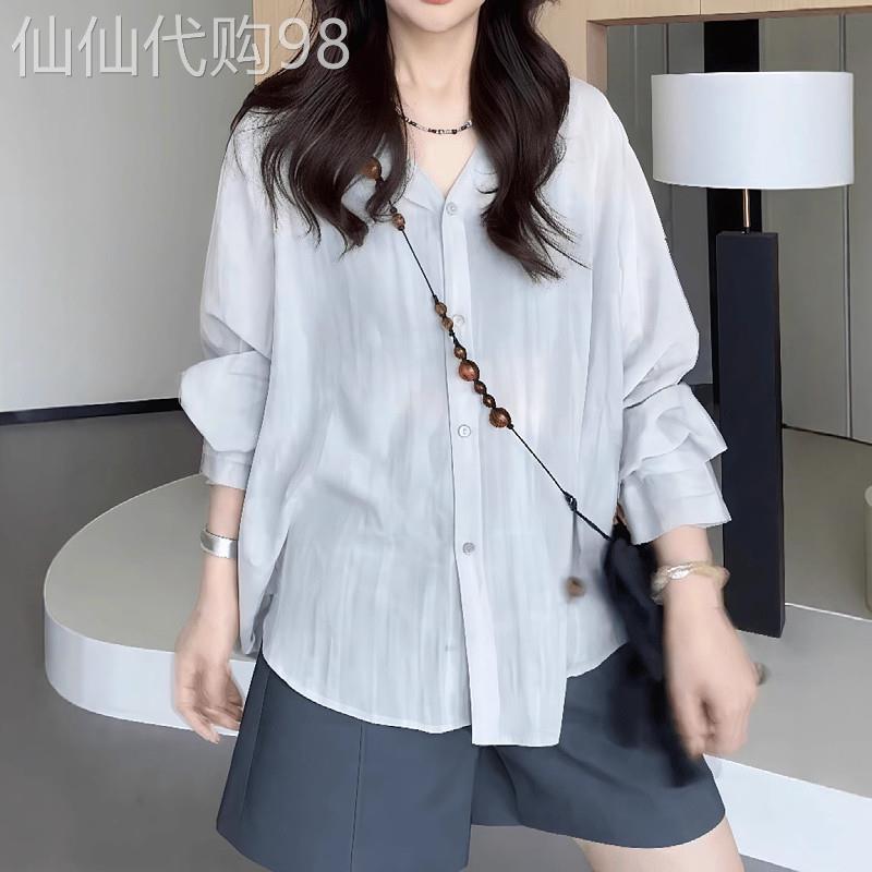 V领长袖防晒衬衫女夏季2026新款简约宽松休闲百搭薄款大尺码外套