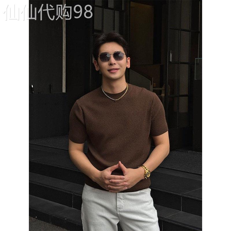 老钱风针织竖条纹短袖T恤男士夏季通勤穿搭高级感痞帅修身上衣服